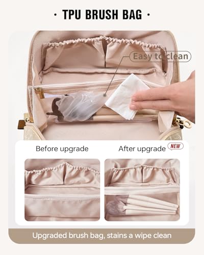 EACHY Travel Makeup Bag, Floral Cosmetic Bag for Women, Brown, Medium | Water-resistant PU Leather Flat-Open Toiletry Bag with Clear TPU Brush Compartment for Makeup, Skincare & Travel Essentials - color: AC-Brown, size: Medium