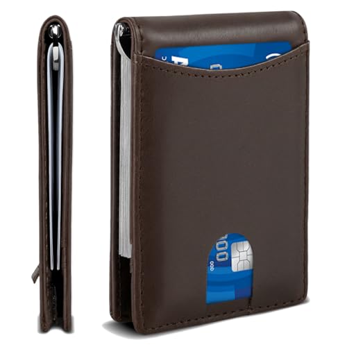 RFID Blocking Slim Bifold Leather Minimalist Front Pocket Wallets for Men with Money Clip Thin Mens Brown - color: Brown