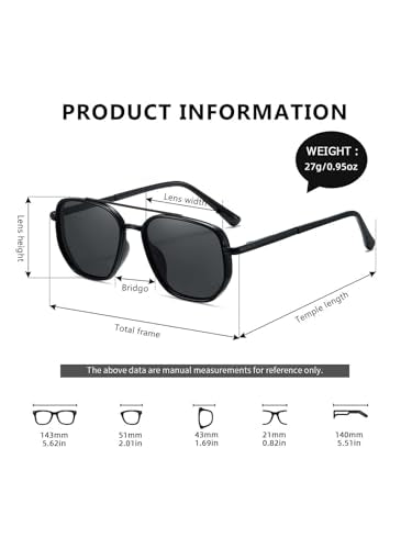 kimorn Women's Tangle Free Aviator Sunglasses, Polarized UV400 Protecion | Retro Square Frame Shades, Small-Medium Fit, Driving, Beach, Daily Wear - color: Black