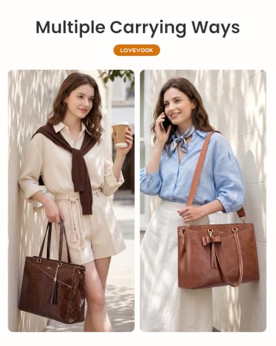 LOVEVOOK Laptop Tote Bag for Women,Leather Work Computer Briefcase Bag - color: Retro Brown-2, size: 15.6 inch