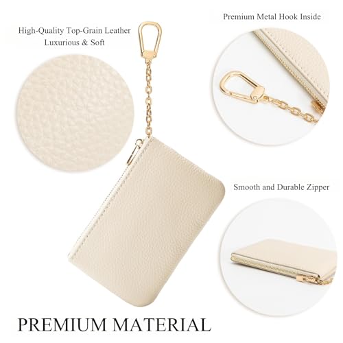 Full Grain Leather Coin Purse with Key Chain - Small Change Purse Keychain Card Holder Keychain Pouch Small Keychain Wallet for Women and Men (Creamy-white, Large Size) - color: Creamy-white, Large Size
