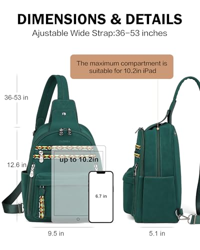 Large Sling Bag for Women, Designer 10L Leather Crossbody Purse | Anti Theft Sling Backpack, RFID Fanny Packs for Travel, Ideal for Vacation Walking Daily Errands - color: Dark Green Nubuck Style