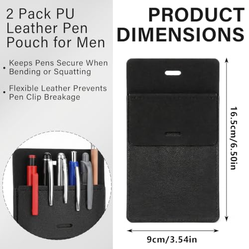 Heavy Duty PU Leather Pen Pouch for Men, Fits Shirts/Lab Coats/Pants, Holds 5 Pens, Prevents Falling When Bending, No Broken Clip, Also Holds Pencils, Pointers, Cards & Notes, Black, 2/Pack
