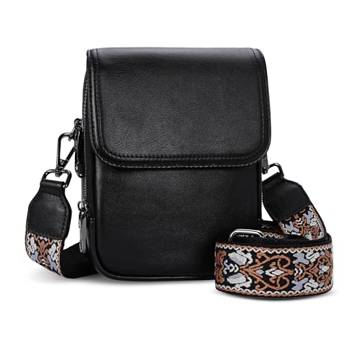 HESHE Small Leather Crossbody Bag for Women RFID Phone Purse with Card Slot - color: Retro Black