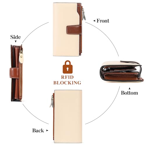 SENDEFN Women Leather Wallets RFID Blocking Clutch Card Holder Ladies Purse with Zipper Pocket - color: A-Beige Brown