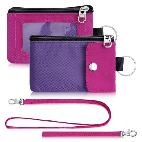Artpaxy Minimalist Wallet For Mens Womens, Keychain RFID Blocking Zipper Small Wallet with ID Window 2 Lanyards,Water Resistant Travel Cash Card Coin Case Boys Girls - color: Dark purple+Dark pink