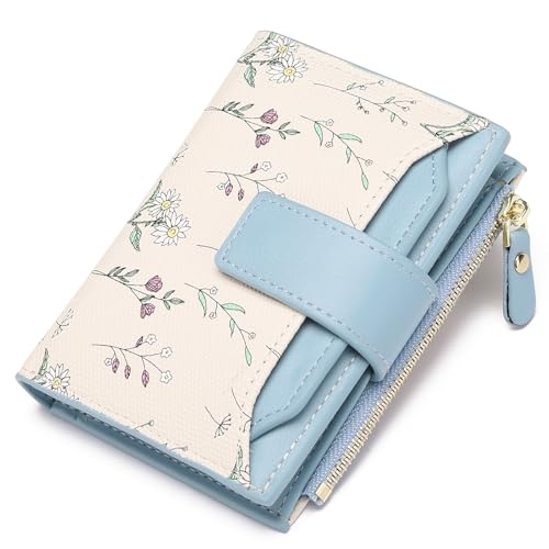GAEKEAO Small Wallets Woman RFID Blocking Vegan Leather Bifold Floral Ladies Compact Card Holder with Zipper Pocket ID Window - color: B04-Blue