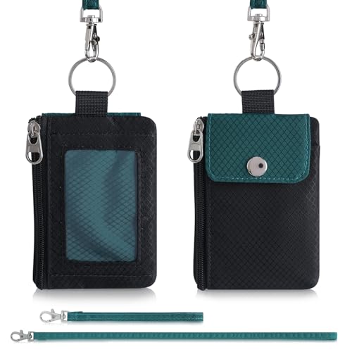 Artpaxy Minimalist Wallet For Mens Womens, Keychain RFID Blocking Zipper Small Wallet with ID Window 2 Lanyards,Water Resistant Travel Cash Card Coin Case Boys Girls - color: Green Black