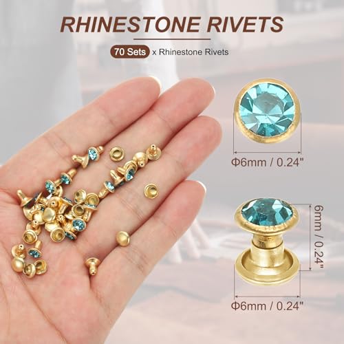 PATIKIL 6mm Leather Rivets, 70 Sets Rhinestone Rivet Studs Double Cap Spikes Rivet for Leather Crafting for Decor Repair DIY Clothing Belts Bags Shoes, Water Blue Gold Tone - color: Water Blue, size: 6mm