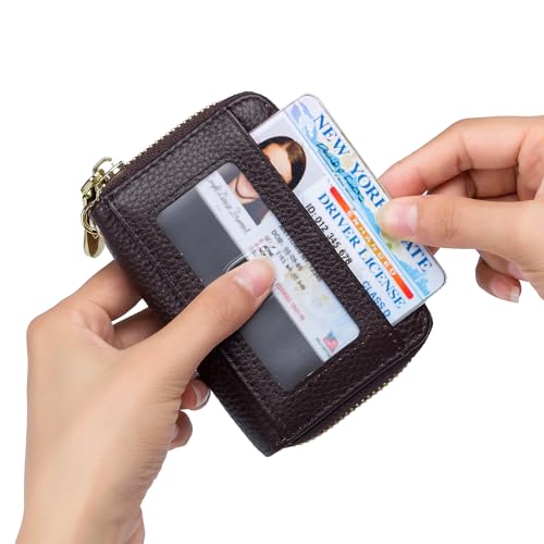 imeetu Rfid Credit Card Holder, Businese Card Case, Wallet for Women Men | Genuine Leather Card Wallet with id Window, Keychain & Double Zipper, Water-resistan Small Wallet with Gift Box, Daily Travel - color: Max - Coffee