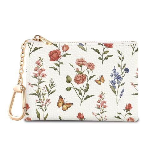 Flower Butterfly Keychain Coin Purse for Women, Cute Change Pouch | Zipper Key Chain Purse, Small Little Zip Pocket, PU Leather, Travel Wallet for Girls, Tiny Coin Holder, Key Ring, Women Gifts - color: Flower Butterfly