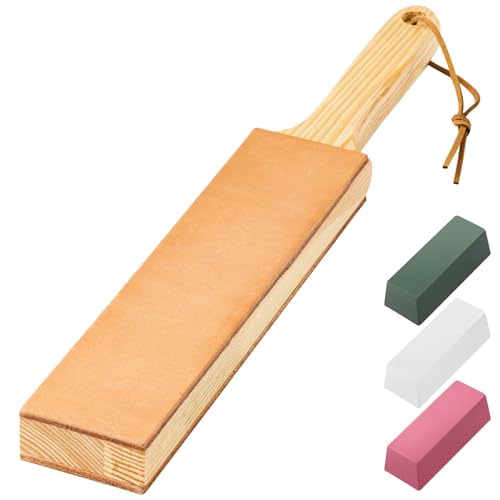 Double Side Leather Strop for Knife Sharpening - 14"x 2" Stropping Block Kit with Polishing Compound, Knife Strop with Ergonomic Handle for Honing Knives, Woodworking Chisels