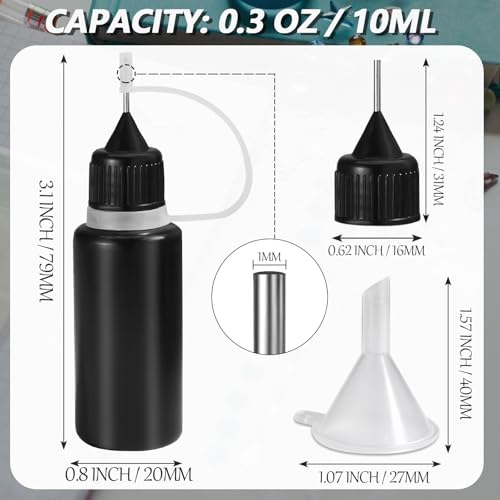 HARSKIYER 10ml Precision Tip Bottles, 10 Pcs Black 2 Funnels | 1mm Metal Tip Draws 0.5mm Fine Lines, Cap Seals Tight To Stop Drying, Flex Body Resists Cracks, For Glue Ink And Paint - size: 10ml