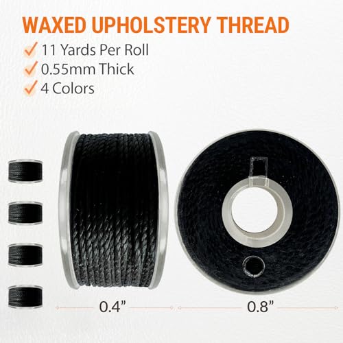 VONEEDL Heavy Duty Sewing Needles (11 PCS) & Waxed Thread (Black Color - 4 Rolls) - Upholstery Repair Kit for Leather, Canvas, Quilting & More - size: 11 Needles + 4 Black Thread Rolls