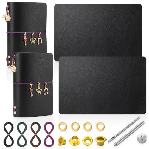 Chicplaid 2 Set A5 Journal Leather Cover Making Kit, DIY Leather Bookbinding Set for Notebook with 2 Full Grain Cowhide Sheet, 4-Color Elastic Cords, Brass Eyelets & Essentials with Manual - color: Black, style: A5