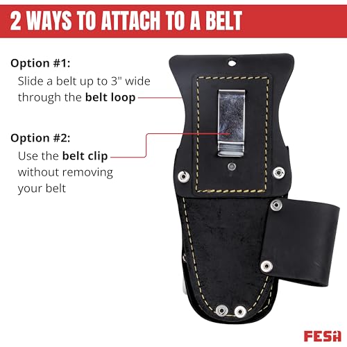 FESA Tool Belt Hammer Holder - Leather Multitool, Pliers & Hammer Holster with Pockets for Drill Bits or Markers - Heavy Duty Small Tool Pouch for Carpenters - Clip On Any Belt - Handcrafted - color: Black