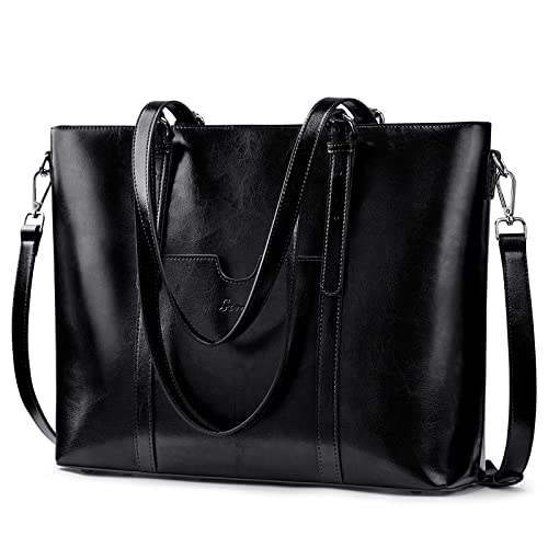 S-ZONE Women Genuine Leather Laptop Tote Bag Shoulder Handbags 15.6 Inch Purse | Soft Genuine Leather, Large Capacity, Fits 15.6-Inch Laptop, Business or Travel, Bottom Metal Feet - color: Black