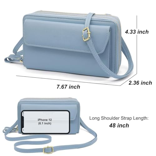 Women Leather Wallet Crossbody Shoulder Bag with Double Zipper and Mobile Phone Purse with Shoulder Strap - color: 109-blue