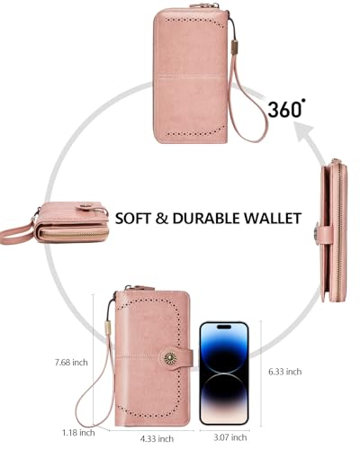 TFKGS Wallet for Women RFID Blocking Leather Large Capacity Card Holder Ladies Phone Clutch Travel Long Purse Wristlet | RFID Blocking - color: 2-Upgrade-Wax-Pink