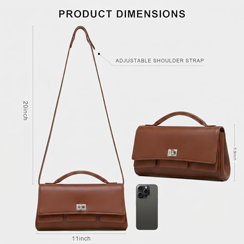 Genuine Leather Shoulder Bag for Women Top Handle Handbag Crossbody Purse | Silver-Tone Turn-Lock Closure, Adjustable Shoulder Strap, Smooth Zipper and Organized Interior with Convenient Card Slots - color: Brown