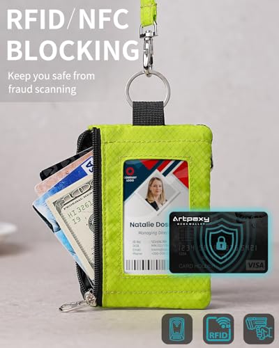 Artpaxy Minimalist Wallet For Mens Womens, Keychain RFID Blocking Zipper Small Wallet with ID Window 2 Lanyards,Water Resistant Travel Cash Card Coin Case Boys Girls - color: Neon green
