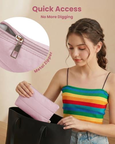 Wandering Nature Small Makeup Bag 2 Pack Cosmetic Bag for Purse, Puffer Quilted Makeup Pouch, Cute Travel Pouch with Zipper for Women, Baby Pink - color: Baby Pink