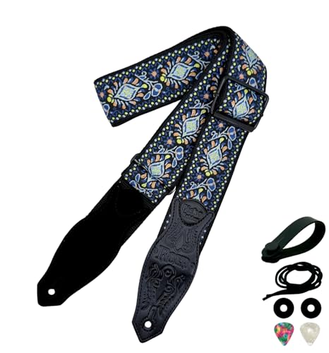 Rockyou 2" Wide Double-Layer Padded Guitar Strap with 4 Pick Holders, beauty Leather Ends & Metal Buckles(Blue Garden) - color: Blue Garden