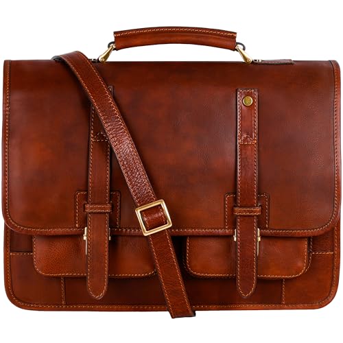 Time Resistance Leather Briefcase – Italian Handmade Leather Laptop Bag – Briefcase Convertible into Backpack - color: Cognac Brown