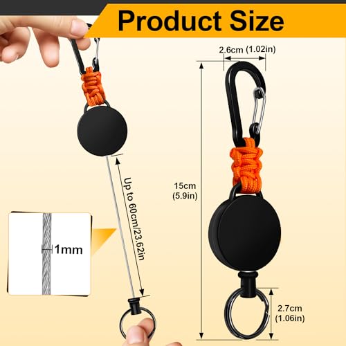 Retractable Keychain 4 Pieces Heavy Duty Carabiner Badge Holder Retractable Badge Reel ID Holder Extendable Key Ring Key Holder with 23.6” Steel Cord and Paracord(Black + Beige + Blue + Orange) - color: Black + Beige + Blue + Orange