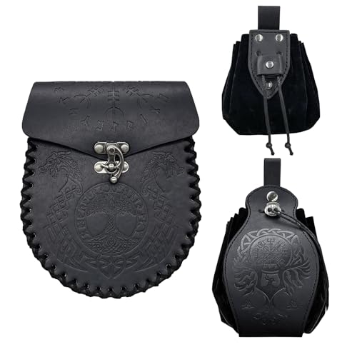 EpicCos 3 PCs Medieval Faux Leather Belt Bag Set, Renaissance Drawstring Pouch Dice Bag, Vintage Side Pack Coin Purse for LARP (Black A) - color: Black A