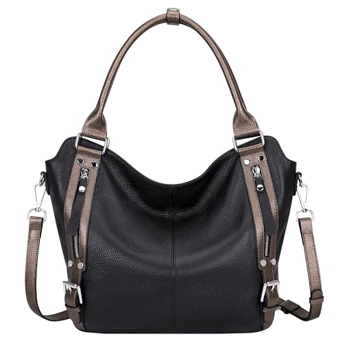 Genuine Leather Pueses for Women Large Hobo Bags Muti Pockets | Crossbody Tote Bags with Top Handles, Key Leash, Adjustable Straps for Shoulder/Handbags/Tote, Daily - color: 03-black/Bronze