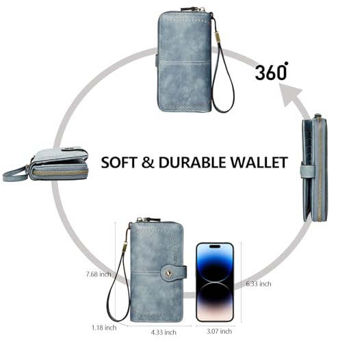 TFKGS Wallet for Women RFID Blocking Leather Large Capacity Card Holder Ladies Phone Clutch Travel Long Purse Wristlet | RFID Blocking - color: 1-Blue