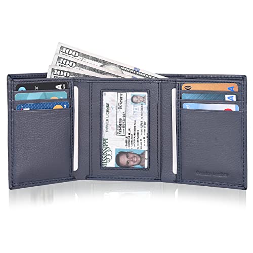 Trifold Leather Wallet for Men - RFID Slim Minimalist Front Pocket 6 Slots - color: Nappa Navy