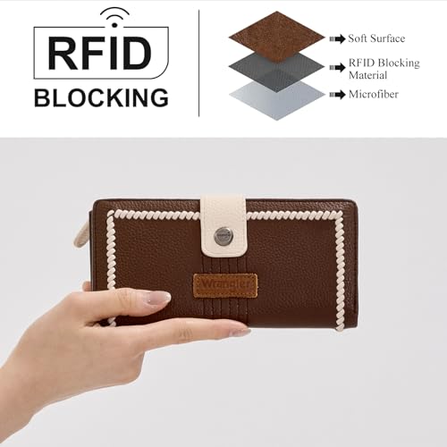 Montana West X Wrangler Womens Wallet Large Capacity Long Compact | Bifold Ladies Female Large Capacity Card Cases Money Organizer RFID Blocking Wallet with ID Window and Zipper Pocket - color: Bifold-Contrast Coffee Beige