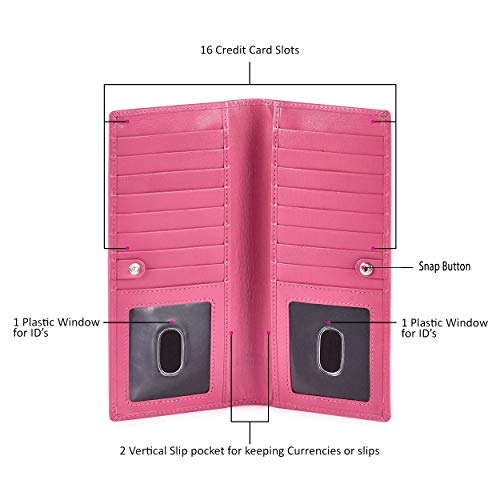 Long Wallet for Men Women Leather Slim Bifold RFID Blocking Card Holder | Real Top Grain Leather, Stylish 18 Credit Card Slots, 2 ID Windows, 2 Currency Sleeves, Gift Box, (Hot Pink, Fine Grained) - color: Hot Pink Fine Grained