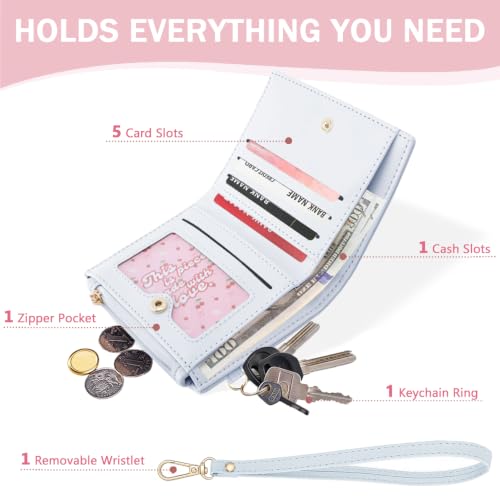 Floral Bow Small Zipper Wallet for Women Girls (BIFOLD-BLUE) | Bifold Wallet, Zipper Coin Pocket, ID Window, 5 Card Slots, Removable Wrist Strap - color: BIFOLD-BLUE