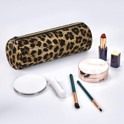OSAM SPACE Leather Pencil Case Round Pencil Bag Leopard Print Pen Organizer Holder Portable Zipper Pouch Cute School Supplies for Girls Boys Study Office - color: Leopard Print