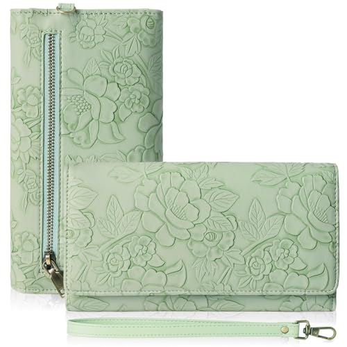 GAEKEAO Wallets for Women Vegan Leather RFID Blocking Card Holder Trifold Ladies Long Purse Wristlet Clutch with 3 ID Windows - color: Green