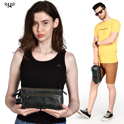Premium Handmade Leather Toiletry Bags for Men and Women, Genuine Leather Dopp Kit and Shaving Bag for Men, Travel Cosmetic Bag for Women's and Men's, Zipper Pocket, Black - color: Distressed Black (Large)