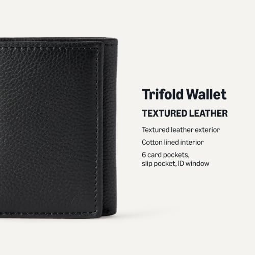 Amazon Essentials Men's Pebbled Full Grain Leather Trifold Wallet with 6 Card Pockets and ID Window, Black, One Size - color: Black