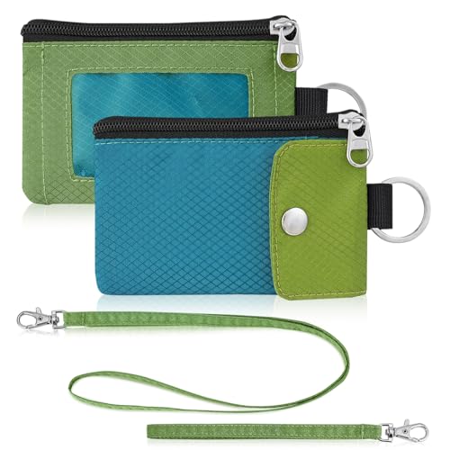 Artpaxy Minimalist Wallet For Mens Womens, Keychain RFID Blocking Zipper Small Wallet with ID Window 2 Lanyards,Water Resistant Travel Cash Card Coin Case Boys Girls - color: Blue green+Lime green