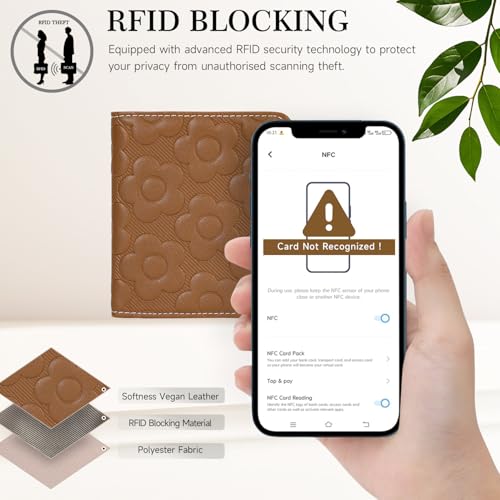 Small Wallet Women Slim RFID Leather Bifold Wallet Embossed Design | Compact design with ID window, card slots, and zipper coin pocket, ideal for daily travel, shopping, and gifts - color: 01-Brown