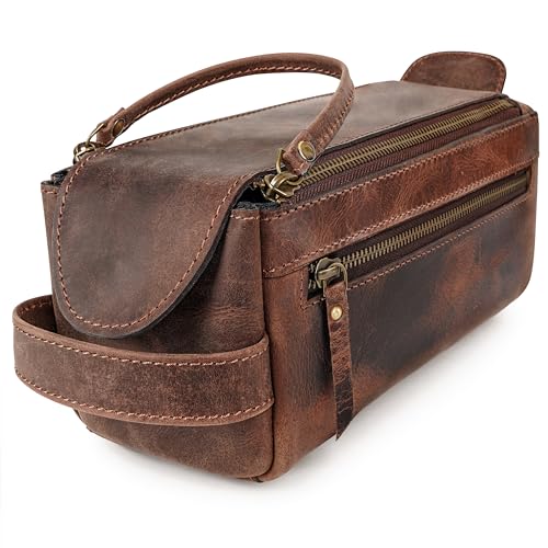 Premium Handmade Leather Toiletry Bags for Men and Women, Genuine Leather Dopp Kit and Shaving Bag for Men, Travel Cosmetic Bag for Women's and Men's, Zipper Pocket, Chocolate - color: Chocolate Brown (Large)