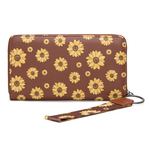 Wrangler Brown Daisy Wallets for Women Large Capacity Wristlet Wallets, Card Cases & Money Organizers Ladies Female Clutch Credit Card Phone Wallet with Smooth Zipper and ID Window - color: Daisy-Brown