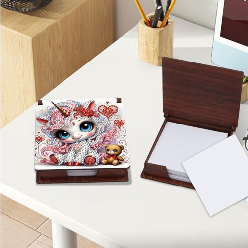 JZHYOAN Diamond Art Note Box for Woman, DIY Wooden Reusable Portable Office Holder Box, Message Paper Mosaic Storage Box for Bedroom Living Room-Unicorn-Contains 160 Sheets of Paper Note Holder