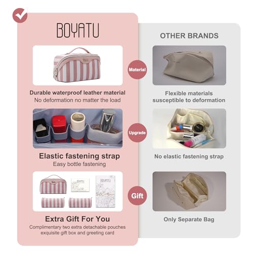 BOYATU Travel Makeup Bag for Women: 3 Pcs Set Striped Make up Bag,Pink | Vegan Leather Cosmetic Bags with Compartments - Waterproof Large Capacity Toiletry Bags - 180° Open-Flat Makeup Organizer - color: A-3-Pink