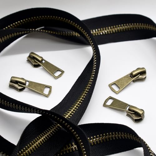 #8 Heavy Duty Metal Zipper by the Yard 3 Yards with 5 Sliders 10 Top Stops and 5 Bottom Stops for Tents Backpacks Outdoor Gear Cushion Covers DIY Pouches and Home Decor(Black/Copper Teeth) - color: Black/Copper Teeth
