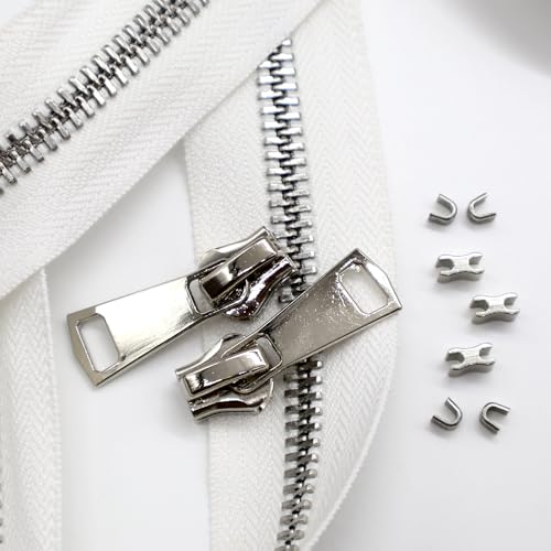 #8 Heavy Duty Metal Zipper by the Yard 3 Yards with 5 Sliders 10 Top Stops and 5 Bottom Stops for Tents Backpacks Outdoor Gear Cushion Covers DIY Pouches and Home Decor(White/Silver Teeth) - color: White/Silver Teeth