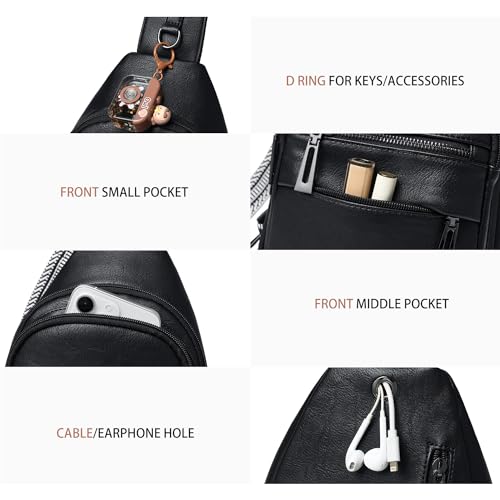 Leresas 7L Sling Bag for Women Crossbody Bag Sling Purse Fanny Packs Vegan Leather Chest Bag Trendy Handbag Travel Anti Theft - color: Black