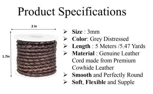 GENIQUE Real/Genuine Round Braided Leather Cord String Rope Folded, Leather Rope for Crafts, Jewelry Making, Necklace, Bracelets (3mm, Grey Distressed) - color: Grey Distressed, size: 3mm